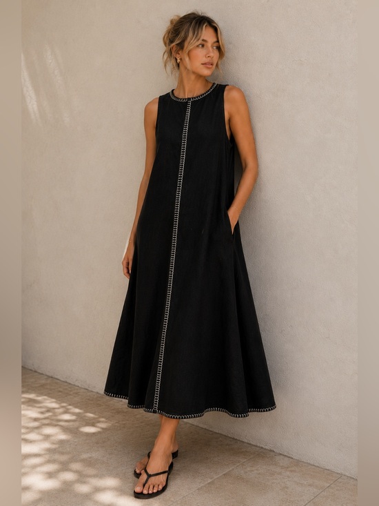 Magaschoni Dresses & Skirts - 🖤 Magaschoni 100% Linen Black Sleeveless Midi Dress | Size 8 | Trim Detail